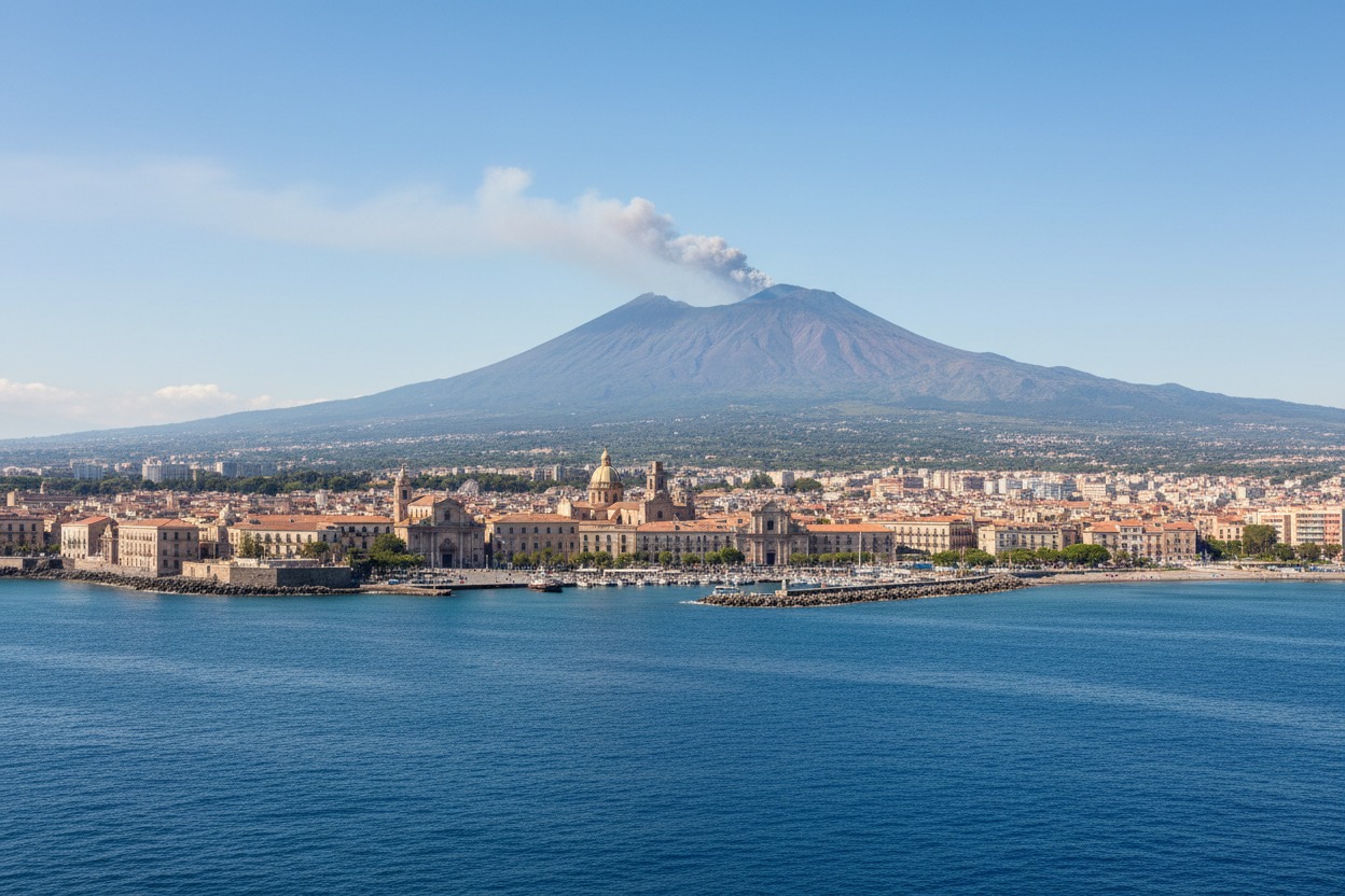 Veduta panoramica della città di Catania affacciata sul mare con il vulcano Etna in eruzione sullo sfondo.